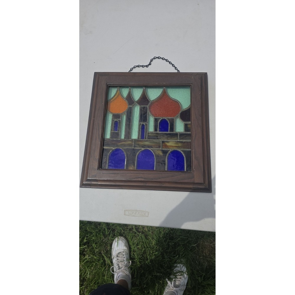 Vintage Stained Glass Window Panel In A Frame Sun Catcher Wall Hanging